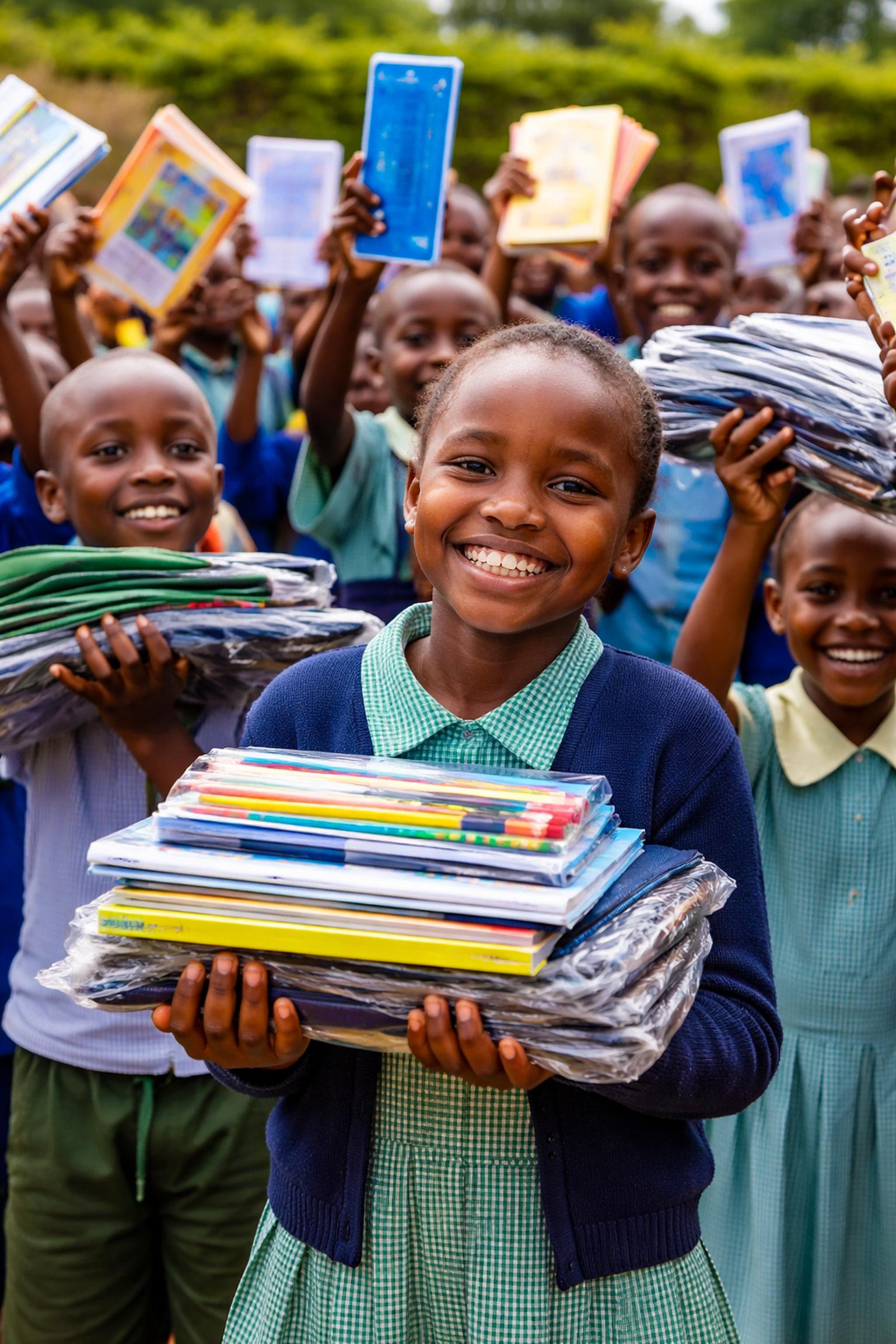 A smiling schoolgirl holding a tall stack of new exercise books